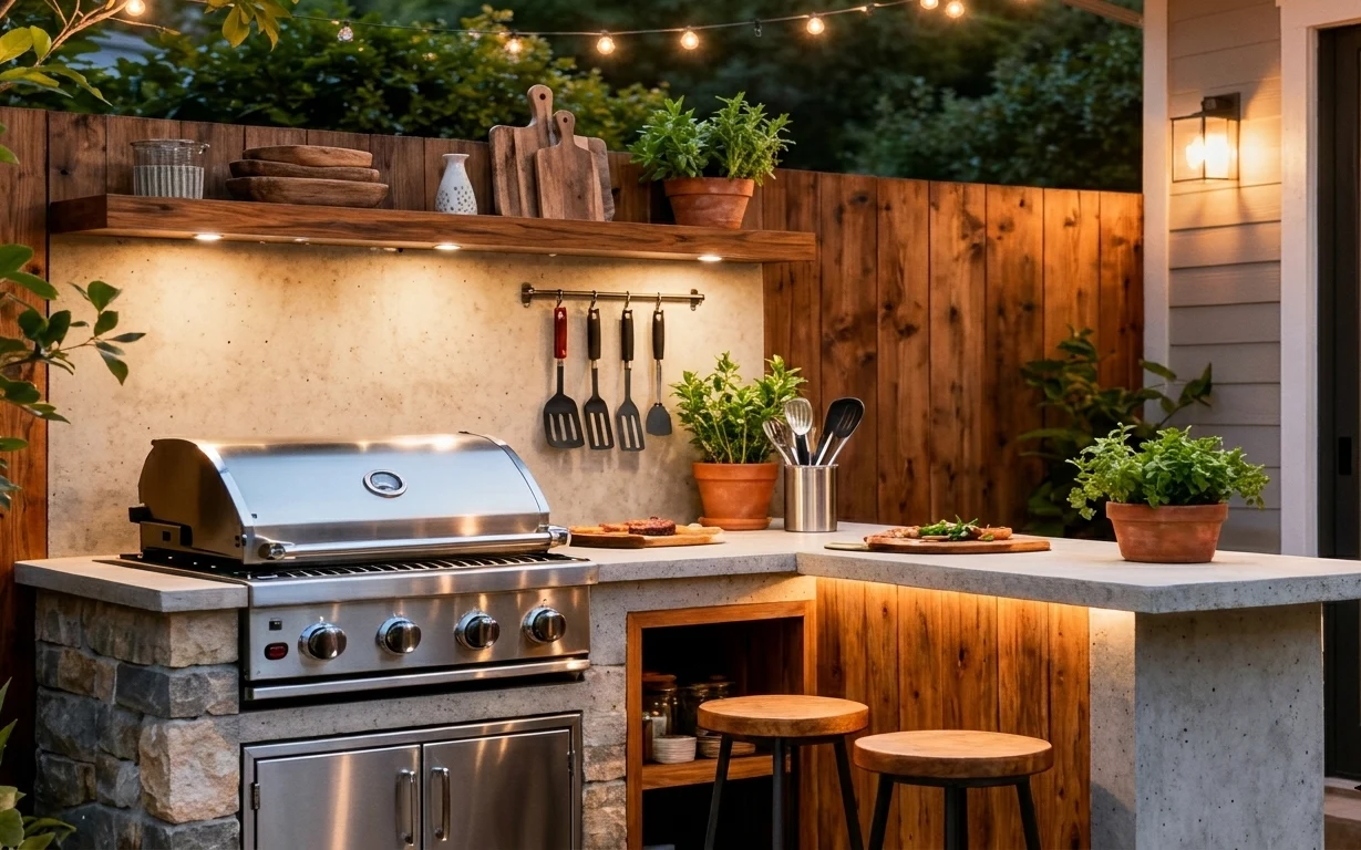 Rustic outdoor grill patio with warm string lights, terracotta planters, and wood bar stools