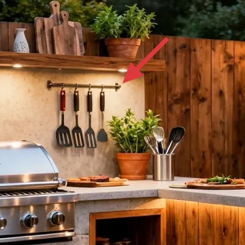 metal utensil rack with hanging spatulas and ladles