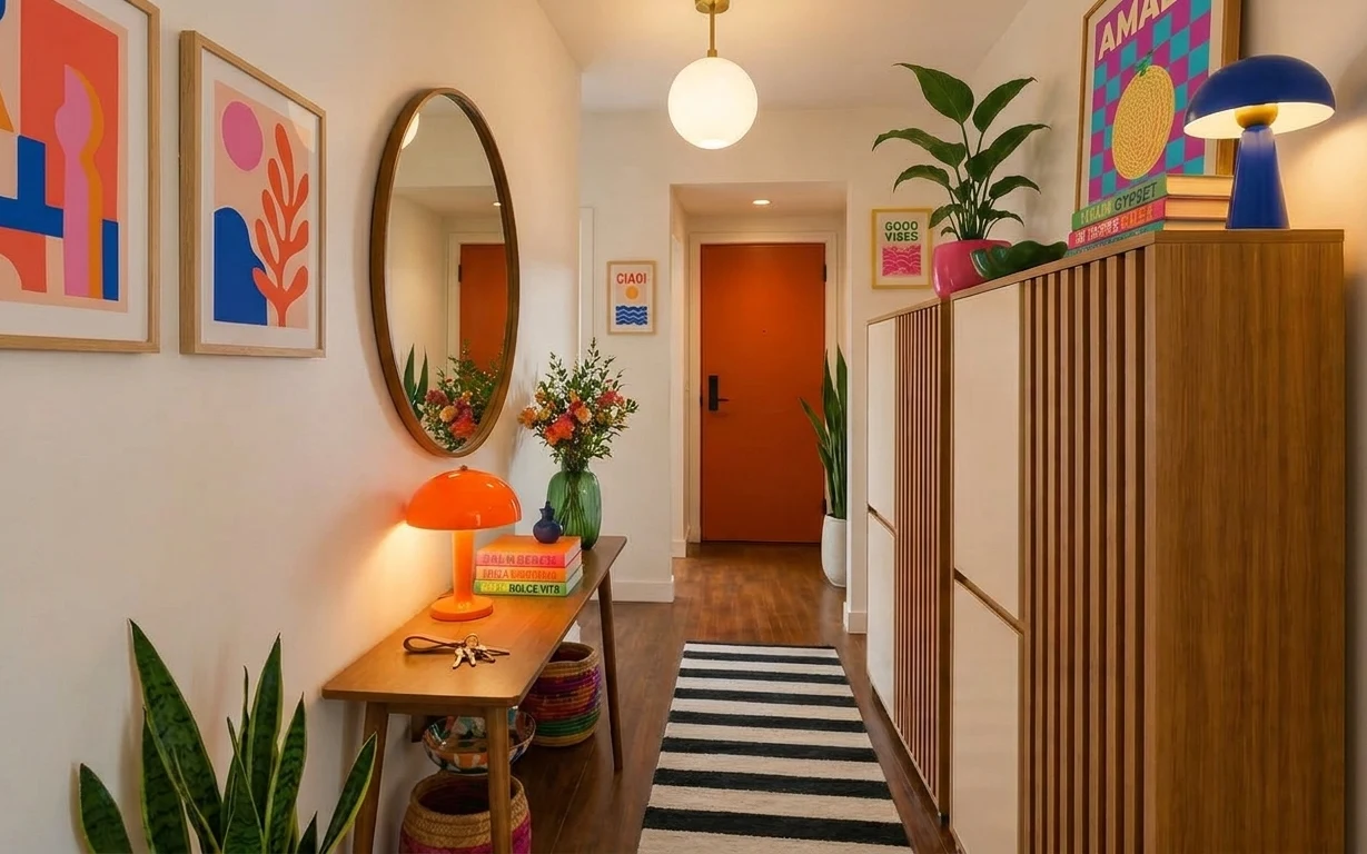 Warm hallway nook with oval mirror, orange table lamp, striped runner rug, wood console, and a leafy plant in a red pot
