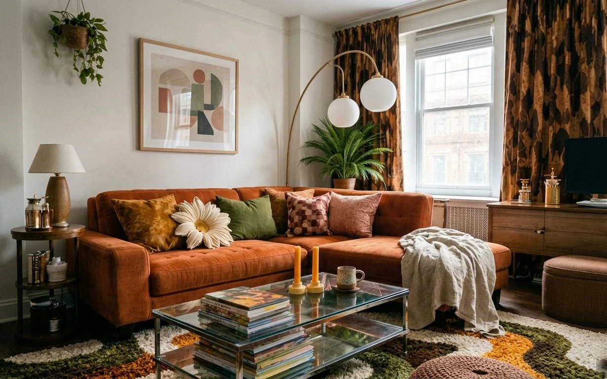 Warm sectional lounge with rust sofa, green-and-cream rug, patterned curtains, globe pendants, table lamp, and framed abstract art