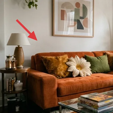 Table lamp with tan drum shade