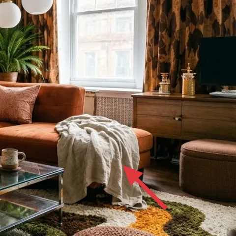 Throw blanket draped over sofa arm
