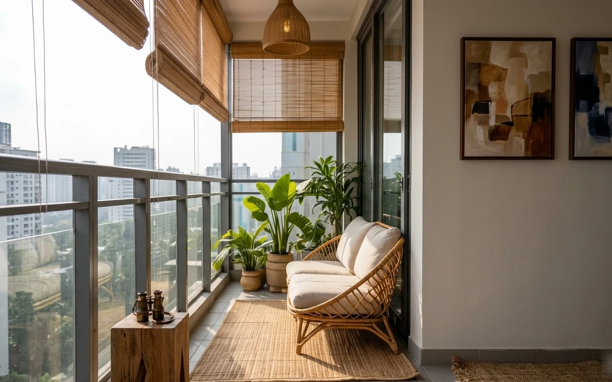 Balcony nook with rattan lounge chair, jute rug, wicker pendant light, terracotta plants, framed abstract art