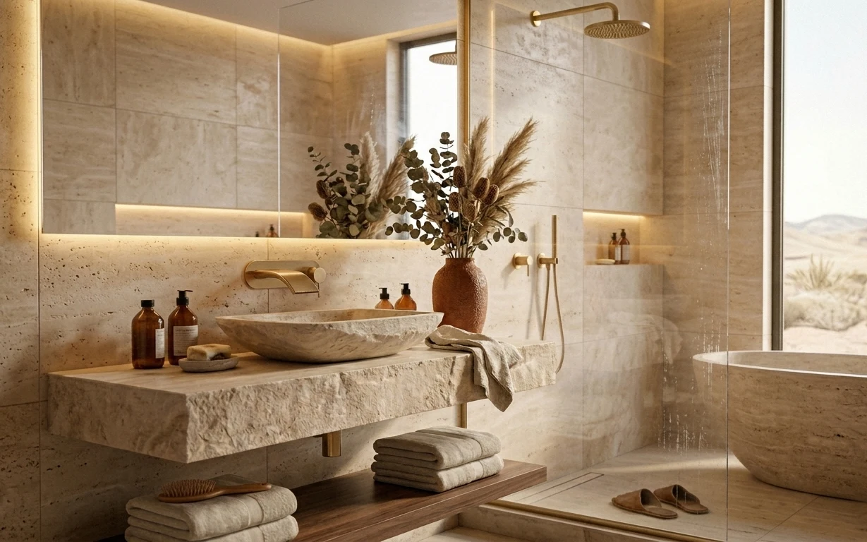 Warm spa-like bathroom with beige tile, stone vanity, folded white towels, amber soap bottles, terracotta vase with dried stems