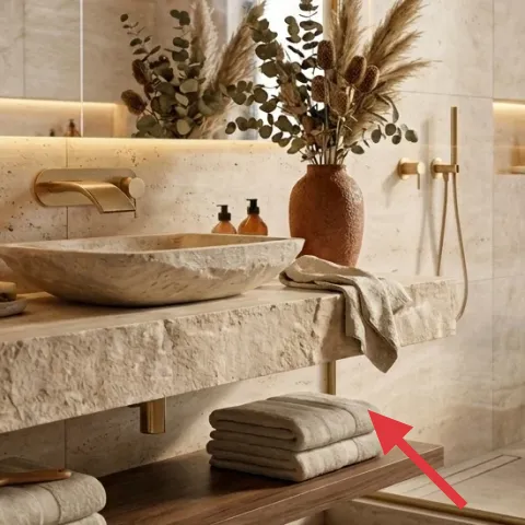 Folded white towels on vanity