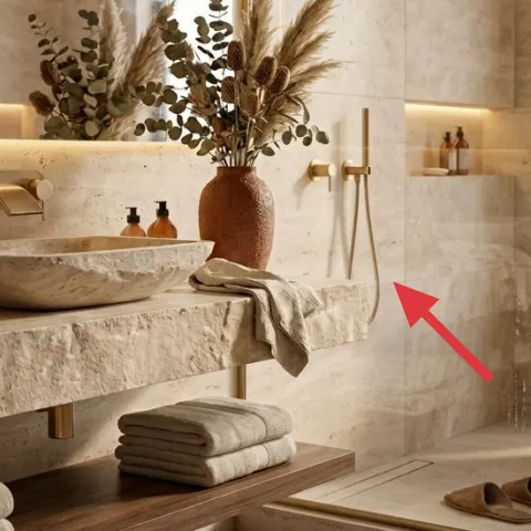 Beige hand towel draped over vanity