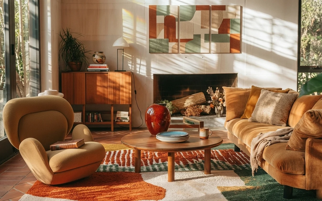 Sunlit living room with rust patterned rug, tan sofa, round wooden coffee table, beige floor lamp, and framed abstract prints