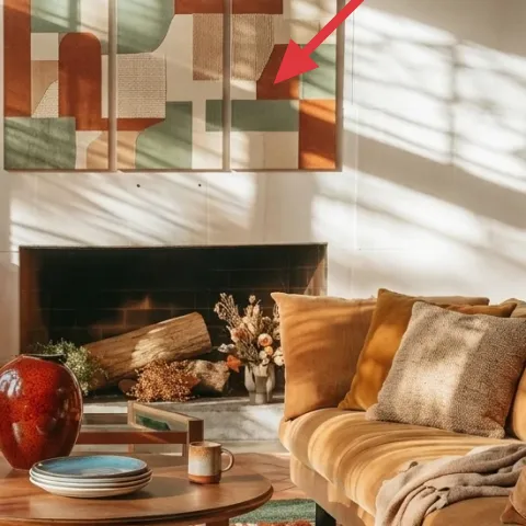 Set of framed abstract prints above the fireplace