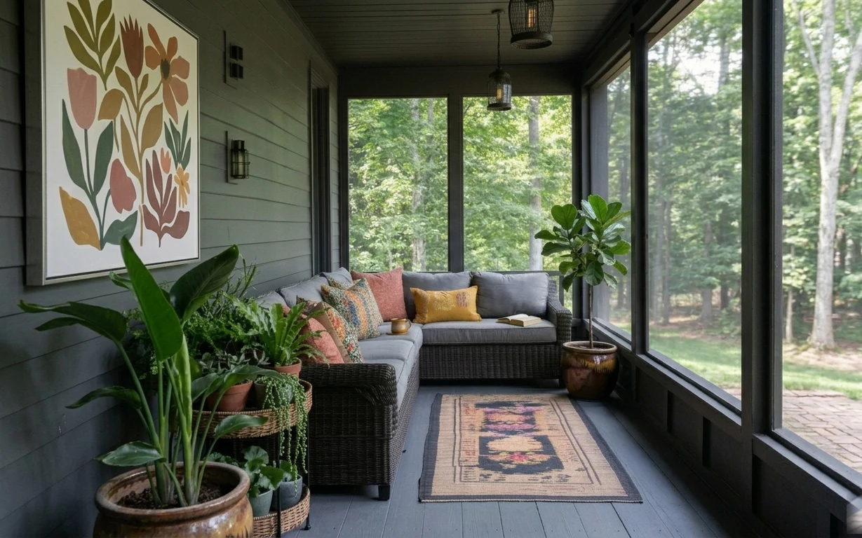 Porch seating nook with gray woven sofa, patterned rug, lantern lighting, framed botanical print, and potted plants by a window wall