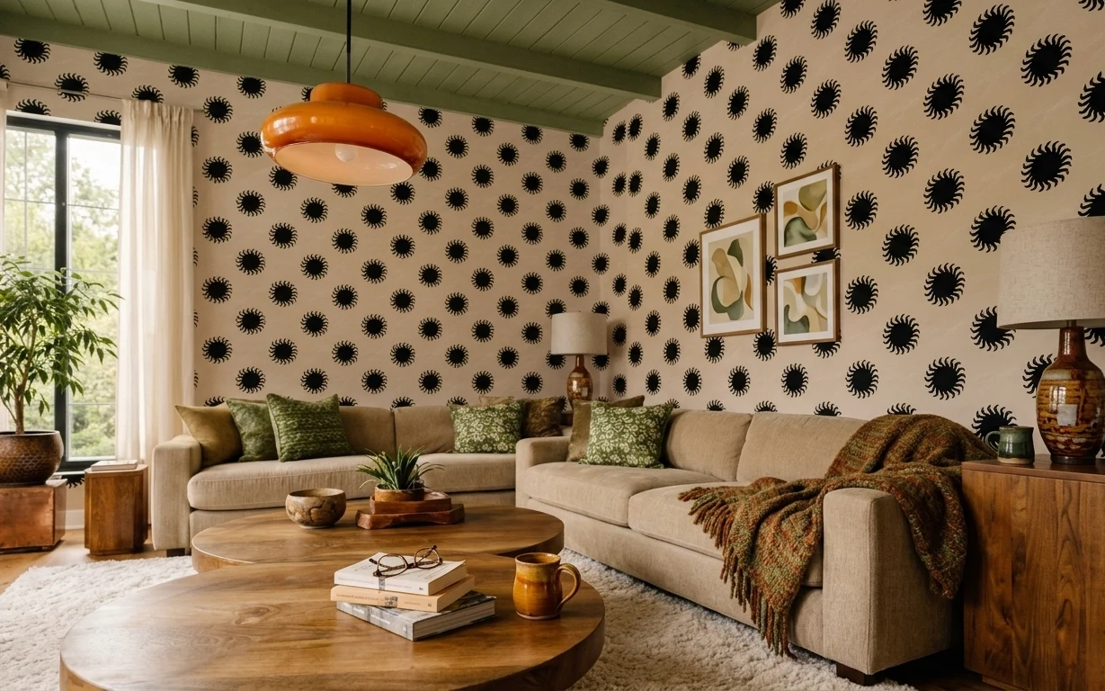Warm living room with black spirograph wallpaper, beige L-shaped sofa, cream shag rug, green throws, and framed botanical prints