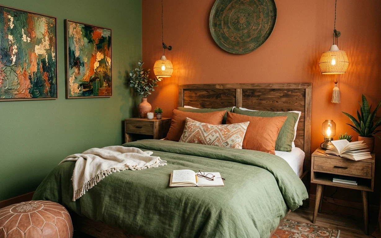 Warm bedroom with olive bed cover, patterned rug, framed abstract art, woven pendant lighting, and a bedside table lamp