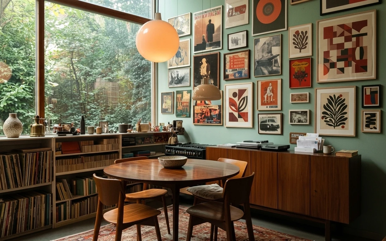 Warm amber pendant lighting over a round wooden dining table with chairs and a teal wall gallery of framed prints