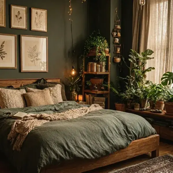 Gallery wall featuring four framed botanical prints with light wood frames on a dark green wall.