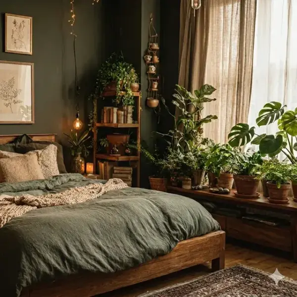 Lush collection of potted plants, including a large Monstera, on a wooden bench and a tall shelf by a window.