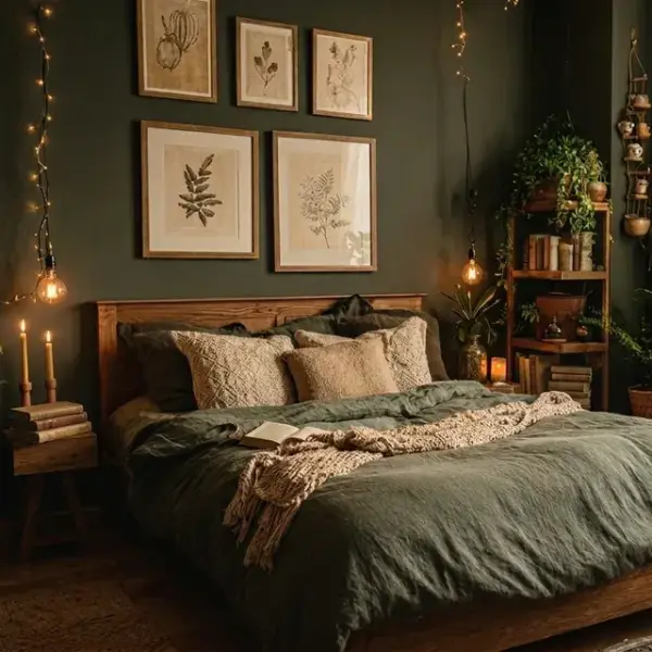 Close-up of ambient lighting: string lights draped on a dark green wall, an Edison bulb pendant, and two lit taper candles on a wooden stool.