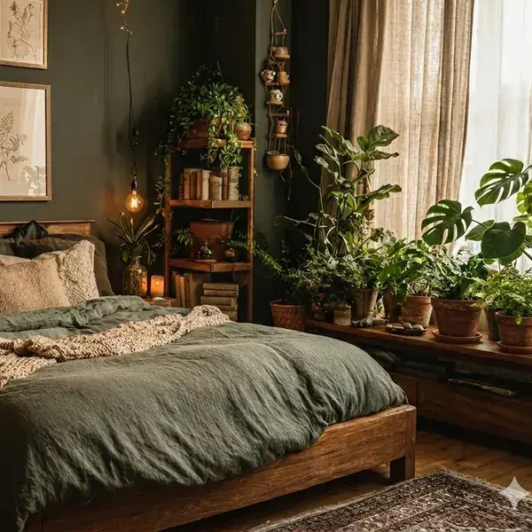 Partially visible patterned area rug with earthy tones, complementing the wooden bed frame and dark flooring.