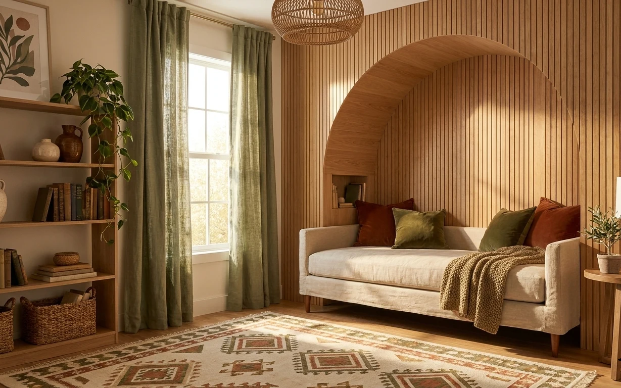 Warm bedroom with patterned rug, sage curtains, layered bed linens, woven pendant light, plant, and botanical wall frame