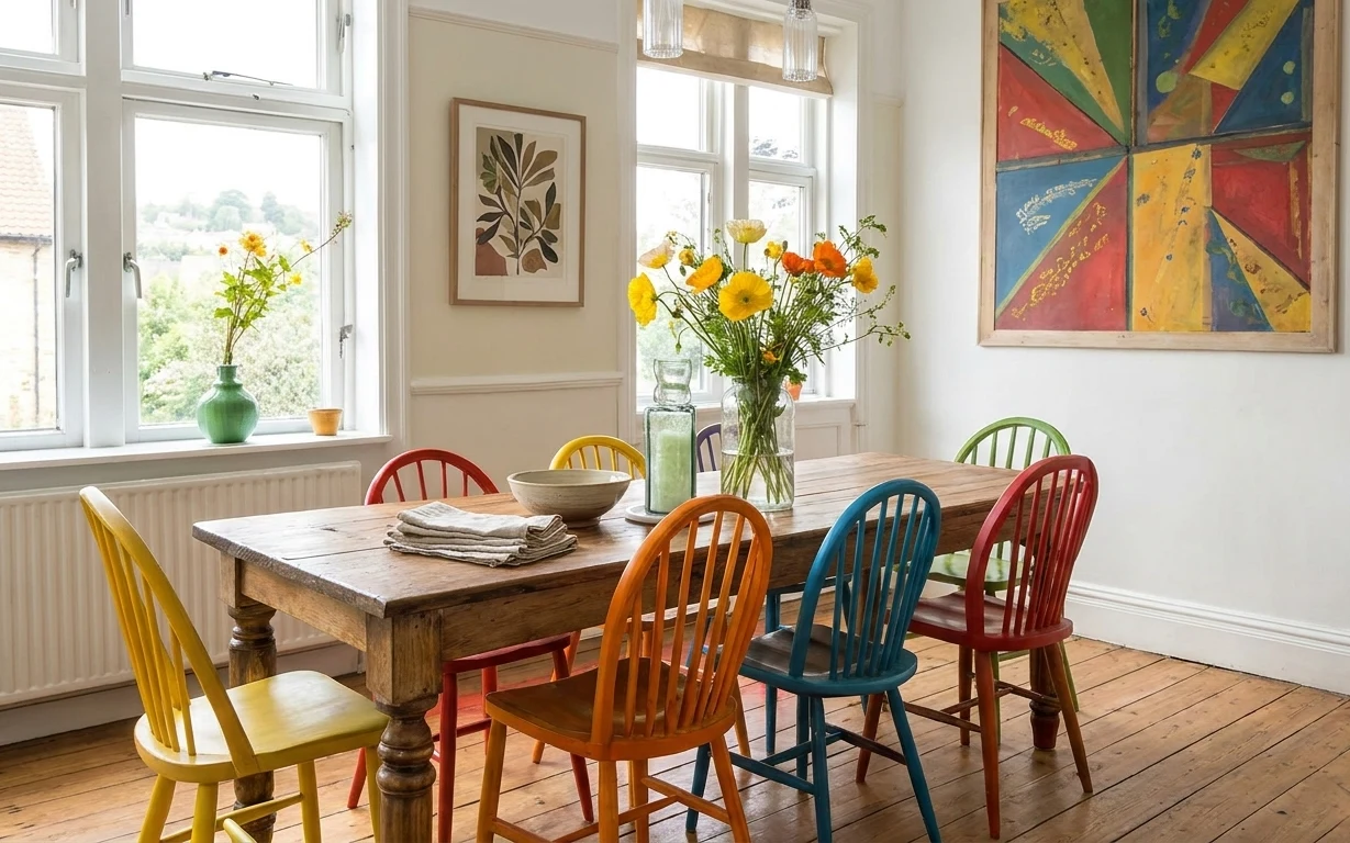 Colorful dining nook with wood table, mixed chairs, vase of yellow flowers, and two framed artworks