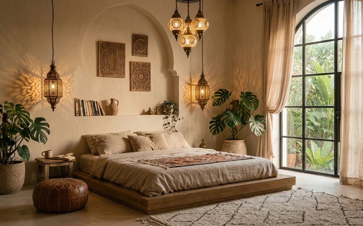 Warm sunlit bedroom with cream curtains, platform bed, patterned rug, wall shelf decor, and large potted plants