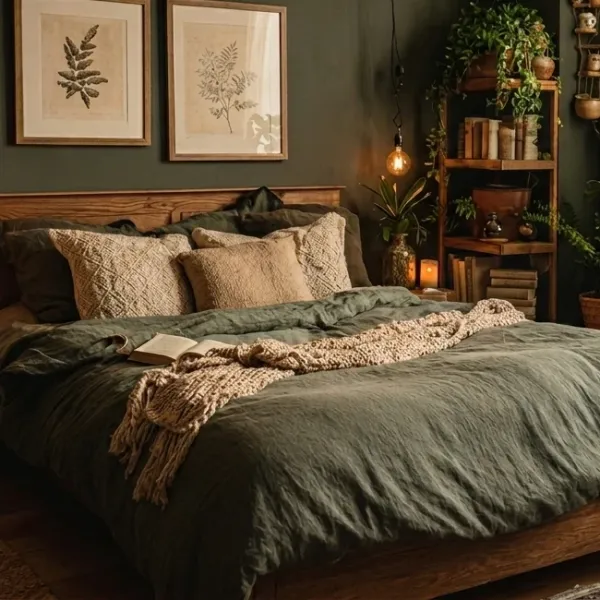 Close-up of a bed with dark green linen duvet, knitted pillows, and a light-coloured chunky knit throw.