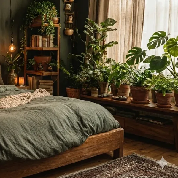 Assorted green houseplants in terracotta pots on a wooden windowsill, with a large Monstera plant and a smaller trailing plant on a wooden shelf.