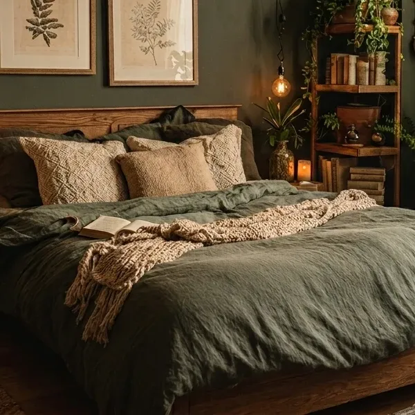 The wooden frame of a bed, showing the natural grain and sturdy construction, with dark green bedding visible.