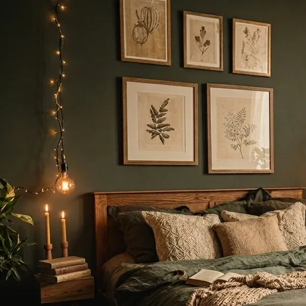 A gallery wall above the bed featuring four framed botanical prints with light wooden frames against a dark green wall.