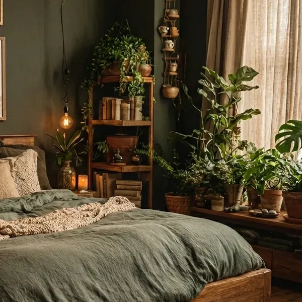 A tall, narrow wooden ladder shelving unit filled with vintage books, small potted plants, and decorative ceramic items.