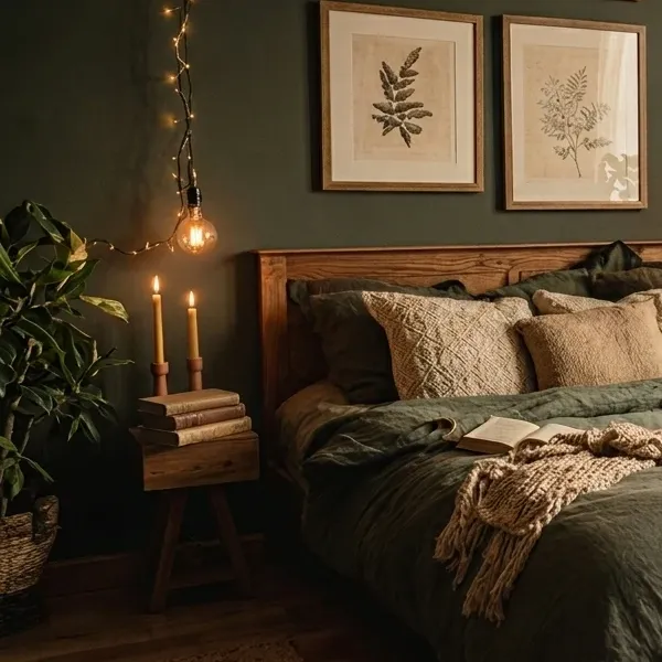 A string of warm fairy lights draped down a dark green wall next to an exposed Edison bulb pendant light, illuminating a plant.