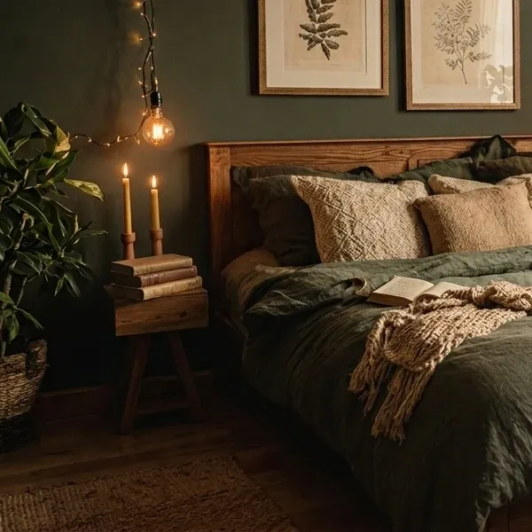 A small wooden stool acting as a bedside table, topped with a stack of old books and two tall yellow tapered candles in wooden holders.