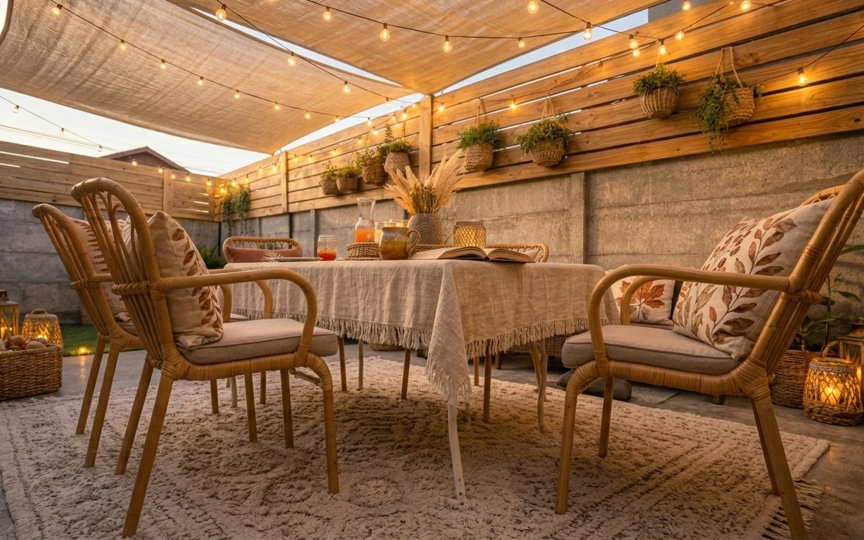 Covered patio with warm string lights, rattan chairs, a cream fringed runner, lanterns, and dried grass in a glass vase