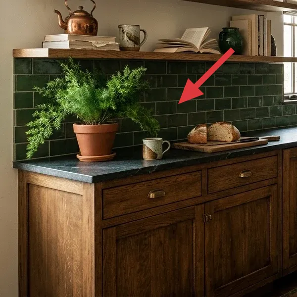 Close-up of a dark green subway tile backsplash behind a potted fern and under wooden floating shelves.