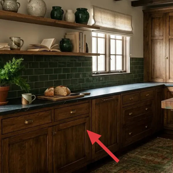 Detail of dark stained wood kitchen cabinetry and the side of a matching wooden island, showcasing the natural grain and classic hardware.
