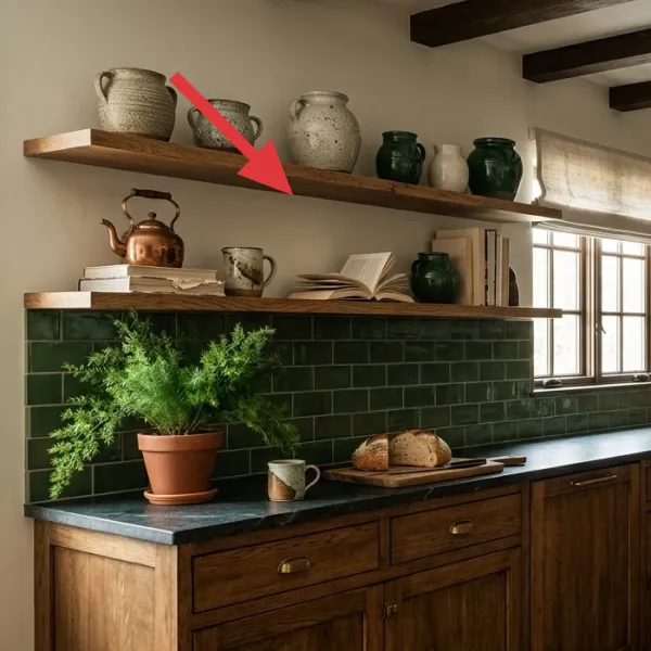 Two wooden floating shelves adorned with a collection of decorative pottery, an antique copper kettle, and a stack of books, above a green tiled backsplash.
