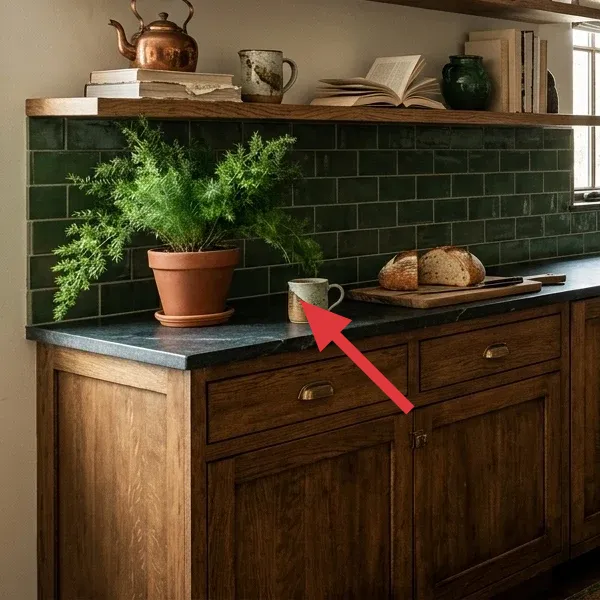 A close-up of dark kitchen countertops with a potted fern, a ceramic mug, and a wooden cutting board with sliced bread.