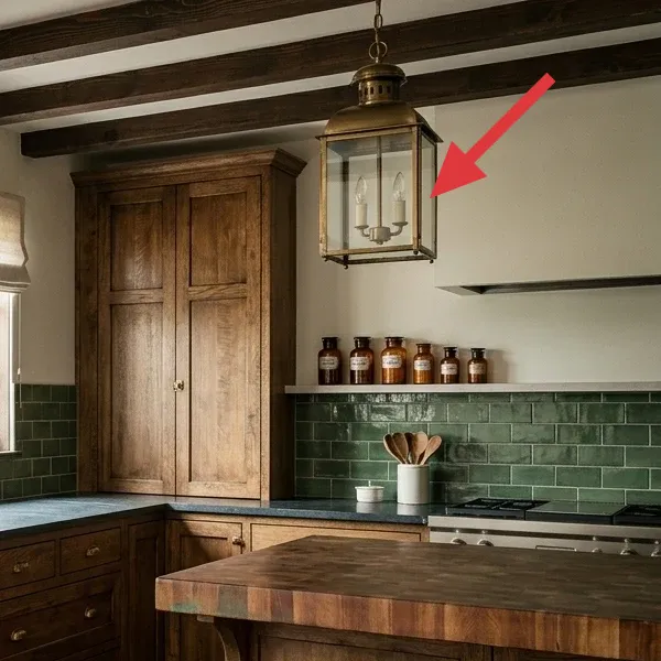 A vintage-style brass lantern pendant light with three bulbs, hanging from the ceiling in a kitchen.