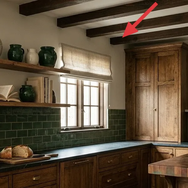 A neutral linen Roman shade covering a kitchen window, allowing soft light to filter in.