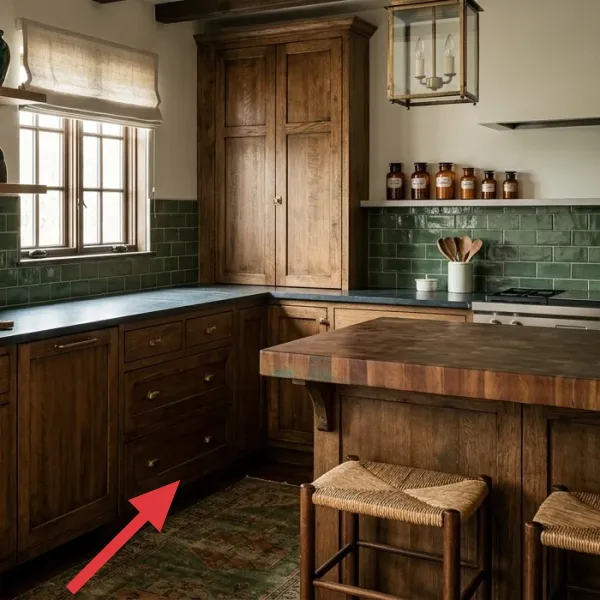 A vintage-style green and rust-toned area rug on the kitchen floor under a wooden island with woven bar stools.