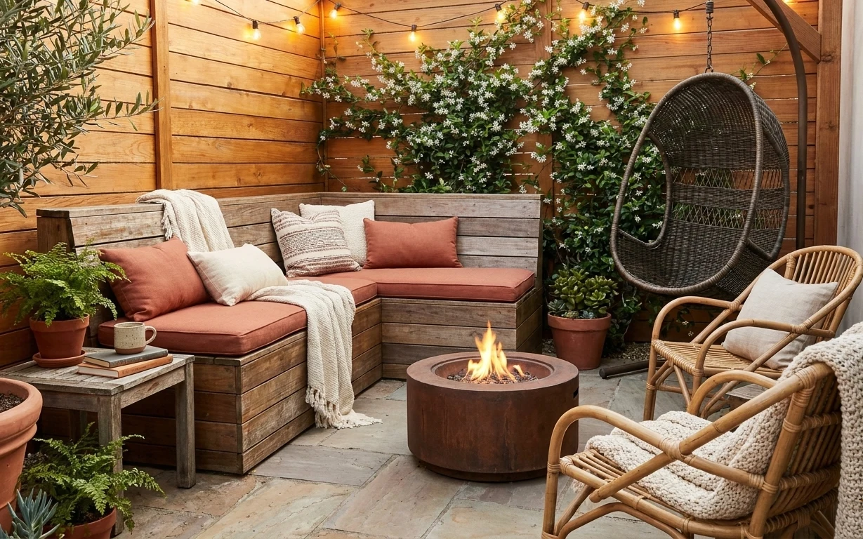 Boho patio corner with rust cushions, cream throws, string lights, terracotta planters, and a round fire pit bowl
