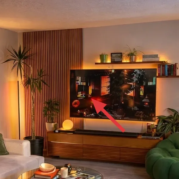 Walnut media console and TV screen centered on the back wall