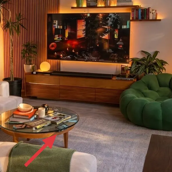 Round glass coffee table with reflections and styled objects