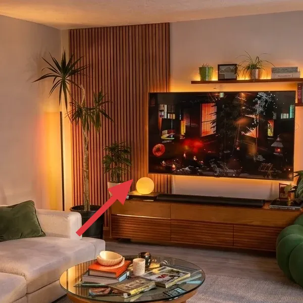 Warm plug-in table lamps on the media console ends