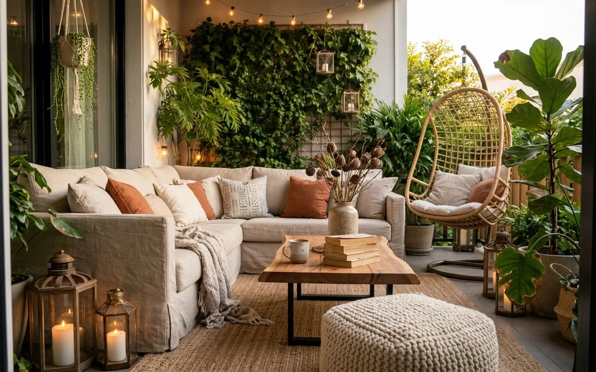 Boho outdoor patio with cream sofa, tan rug, wood coffee table, string lights, lantern candles, and rattan hanging chair