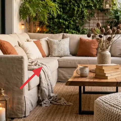 light gray woven throw blanket draped on sofa