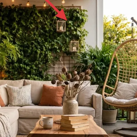 string lights along the greenery wall