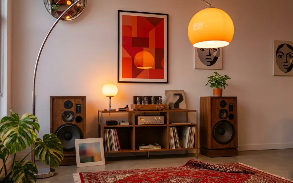 Warm listening corner with red patterned rug, globe lamp, framed art, terracotta plant, and wood console