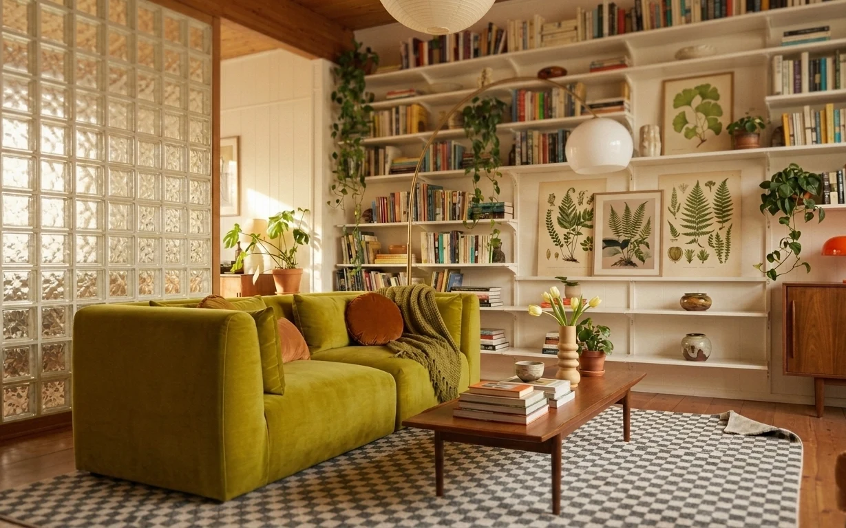 Olive-green sofa with patterned rug, wood coffee table, orange table lamp, and botanical framed art on built-in shelves