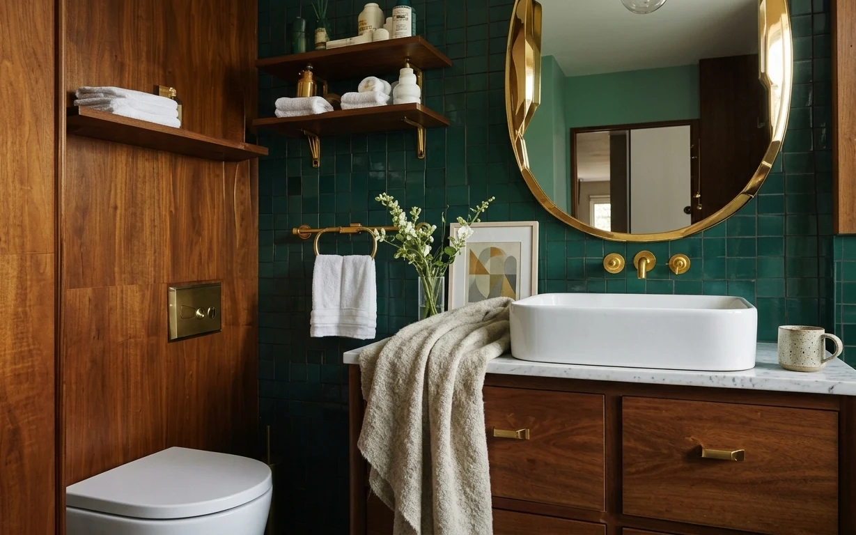 Teal tiled bathroom with warm wood vanity, gold round mirror, framed abstract art, towels, and a vase of white flowers.