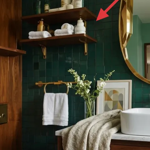 toiletry bottles on wall shelf