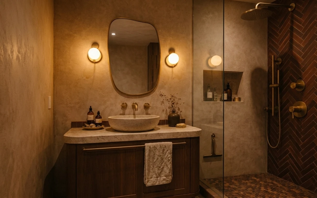 Warm bathroom vanity area with oval mirror, round wall lights, dark wood cabinet, and herringbone shower tile